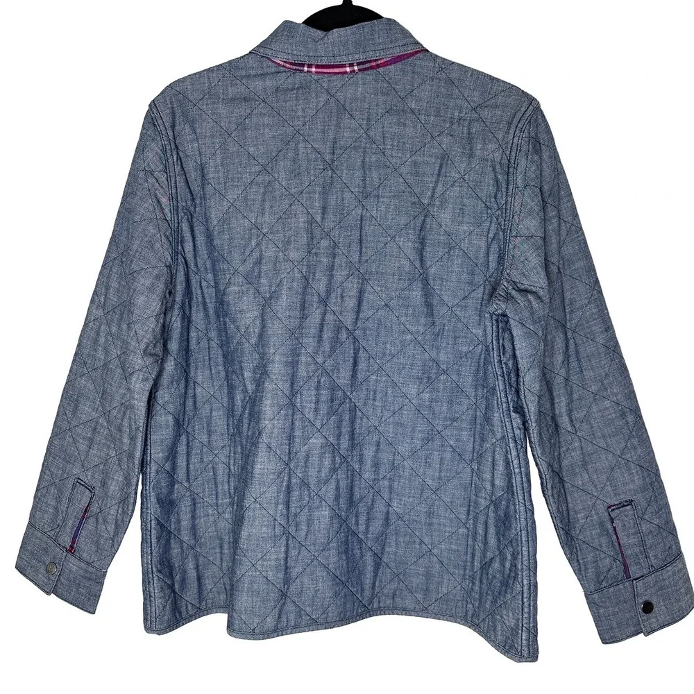 Lands End Womens Reversible Quilted Barn Jacket Chore Coat Blue Chambray Plaid M